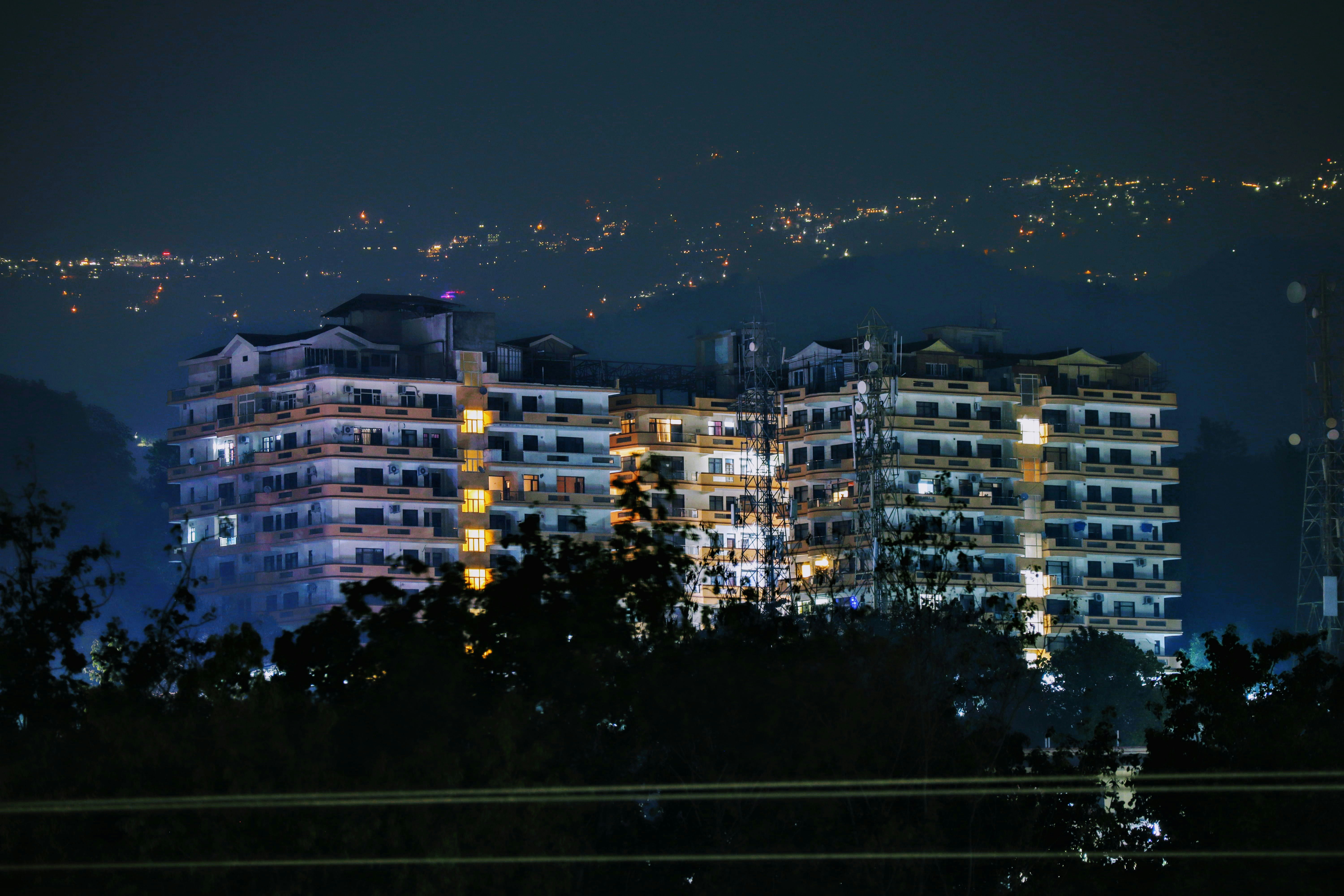 building with balconies during night
